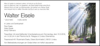 Anzeige von Walter Eisele von Schwäbische Zeitung