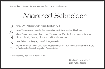 Anzeige von Manfred Schneider von Schwäbische Zeitung