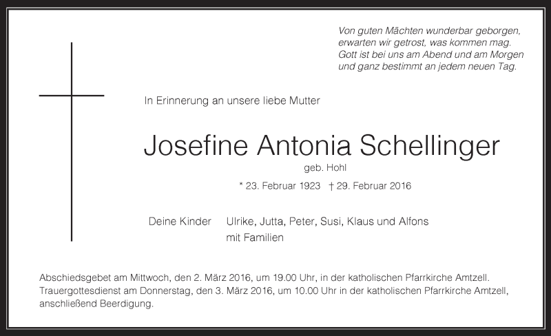  Traueranzeige für Josefine Antonia Schellinger vom 02.03.2016 aus Schwäbische Zeitung