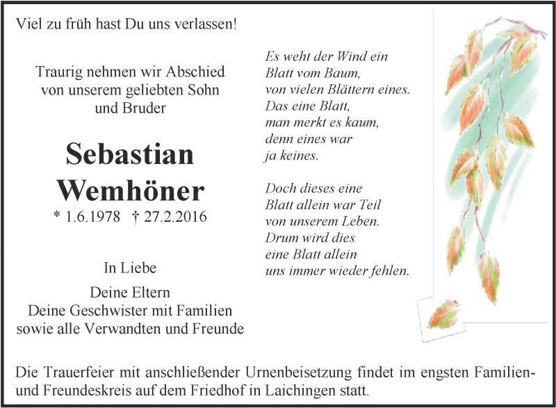  Traueranzeige für Sebastian Wemhöner vom 05.03.2016 aus Schwäbische Zeitung