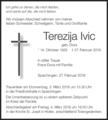 Anzeige von Terezija Ivic von Schwäbische Zeitung