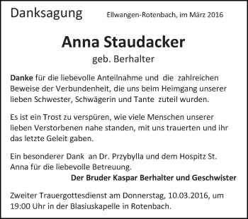 Anzeige von Anna Staudacker von Schwäbische Zeitung
