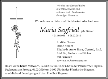 Anzeige von Maria Seyfried von Schwäbische Zeitung