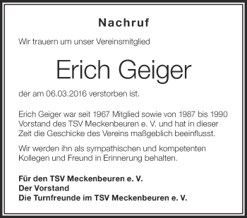 Anzeige von Erich Geiger von Schwäbische Zeitung
