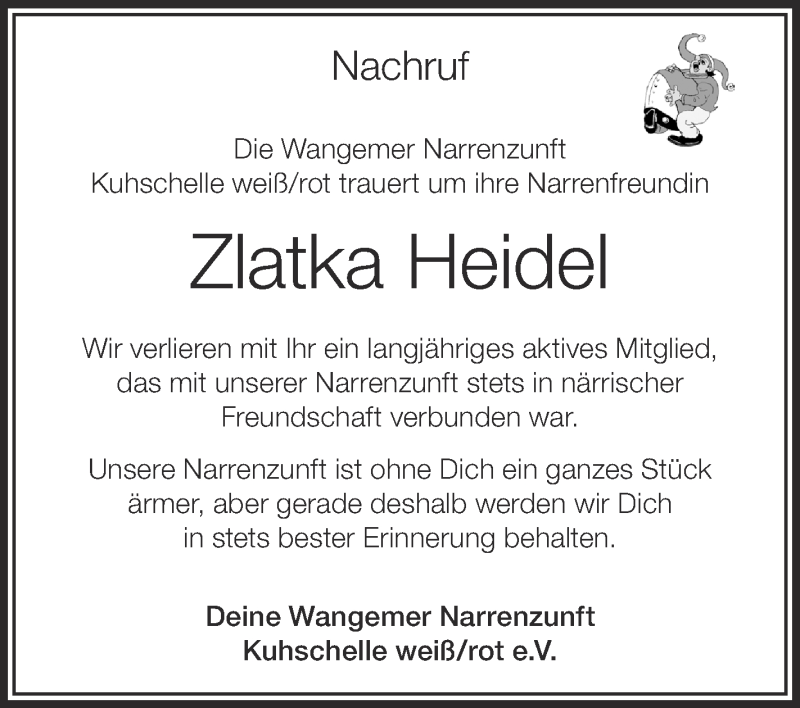  Traueranzeige für Zlatka Heidel vom 15.03.2016 aus Schwäbische Zeitung