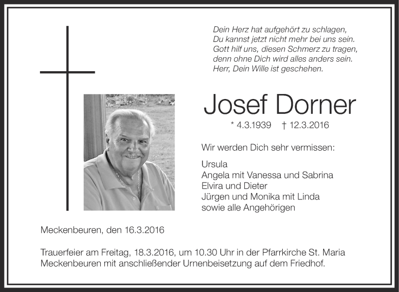  Traueranzeige für Josef Dorner vom 16.03.2016 aus Schwäbische Zeitung