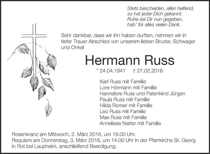  Traueranzeige für Hermann Russ vom 01.03.2016 aus Schwäbische Zeitung