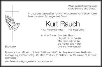 Anzeige von Kurt Rauch von Schwäbische Zeitung