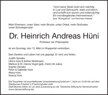 Anzeige von Heinrich Andreas Hüni von Schwäbische Zeitung