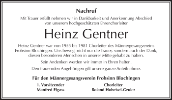 Anzeige von Heinz Gentner von Schwäbische Zeitung