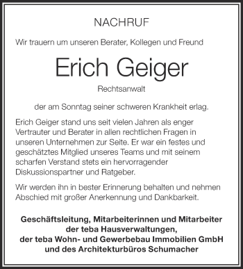 Anzeige von Erich Geiger von Schwäbische Zeitung