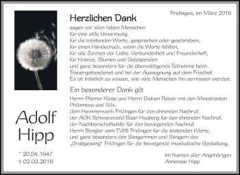 Anzeige von Adolf Hipp von Schwäbische Zeitung