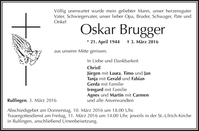  Traueranzeige für Oskar Brugger vom 09.03.2016 aus Schwäbische Zeitung
