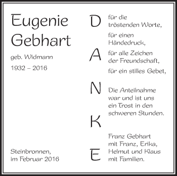 Anzeige von Eugenie Gebhart von Schwäbische Zeitung