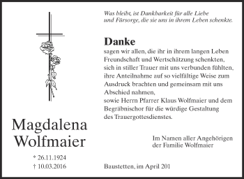 Anzeige von Magdalena Wolfmaier von Schwäbische Zeitung