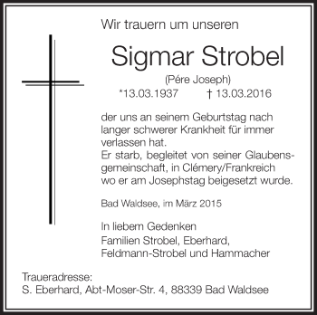 Anzeige von Sigmar Strobel von Schwäbische Zeitung