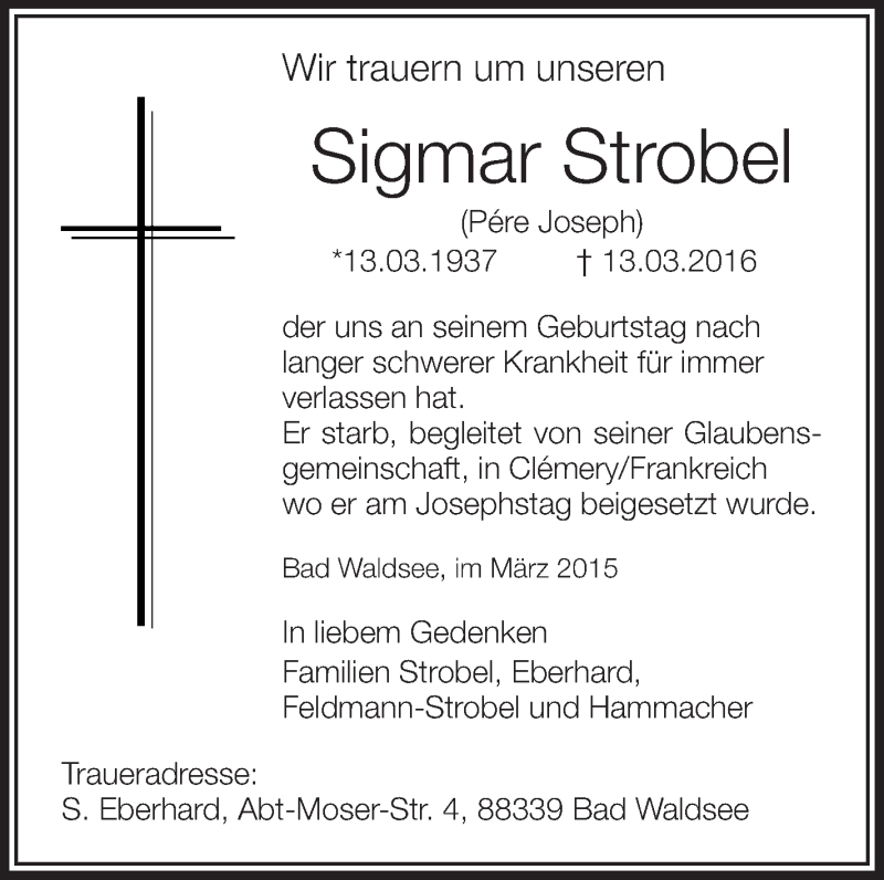  Traueranzeige für Sigmar Strobel vom 02.04.2016 aus Schwäbische Zeitung