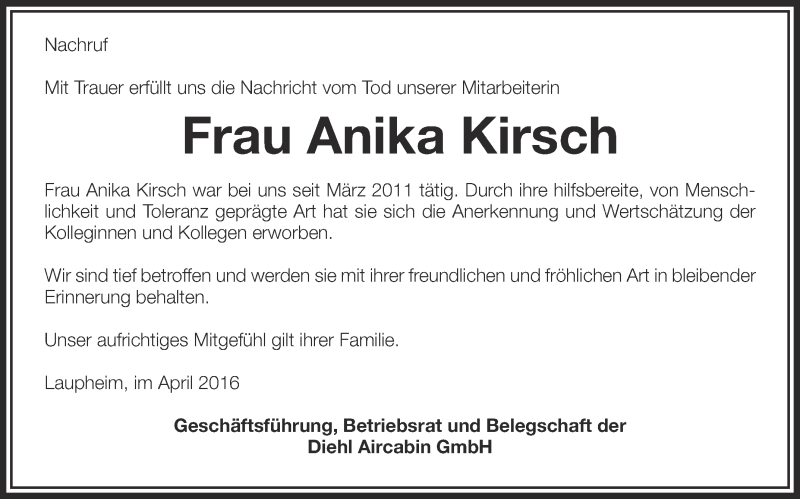  Traueranzeige für Anika Kirsch vom 06.04.2016 aus Schwäbische Zeitung