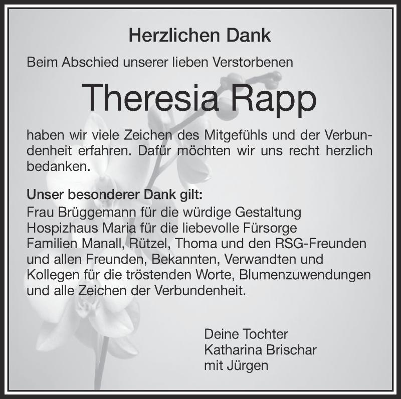  Traueranzeige für Theresia Rapp vom 02.04.2016 aus Schwäbische Zeitung