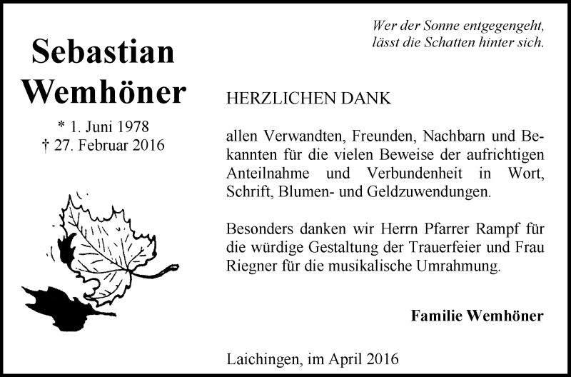  Traueranzeige für Sebastian Wemhöner vom 02.04.2016 aus Schwäbische Zeitung