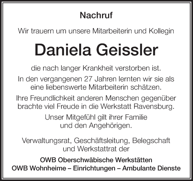  Traueranzeige für Daniela Geissler vom 21.05.2016 aus Schwäbische Zeitung