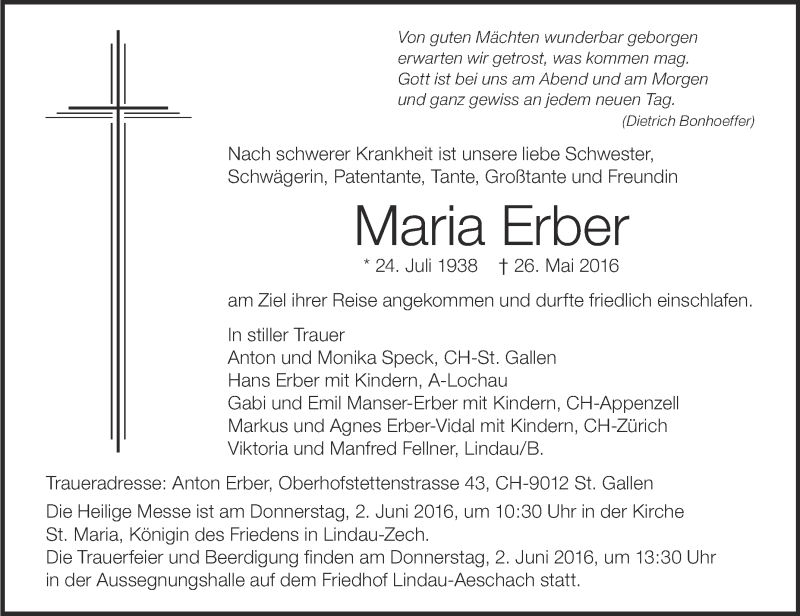  Traueranzeige für Maria Erber vom 31.05.2016 aus Schwäbische Zeitung