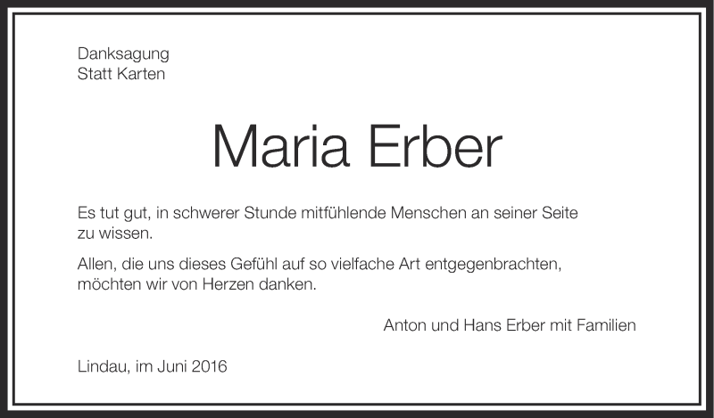  Traueranzeige für Maria Erber vom 07.06.2016 aus Schwäbische Zeitung