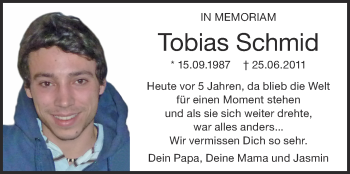 Anzeige von Tobias Schmid von Schwäbische Zeitung