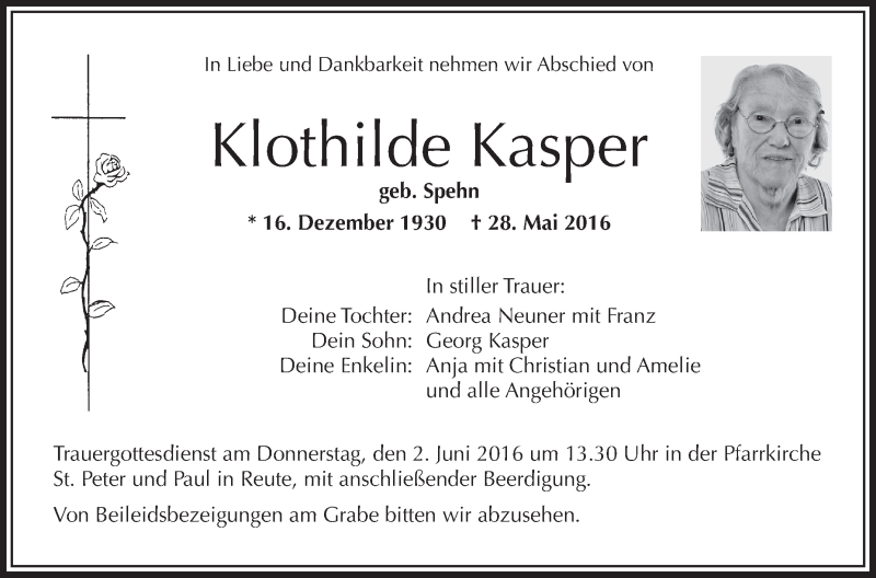  Traueranzeige für Klothilde Kasper vom 01.06.2016 aus Schwäbische Zeitung