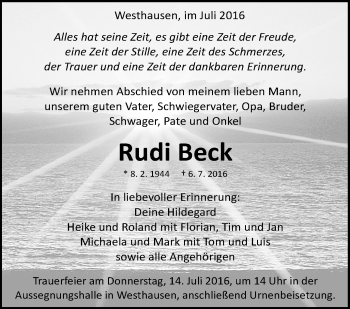 Anzeige von Rudi Beck von Schwäbische Zeitung