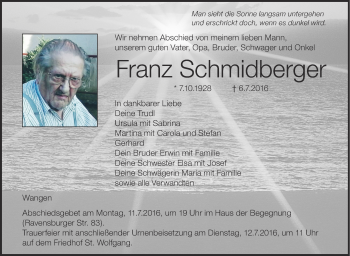 Anzeige von Franz Schmidberger von Schwäbische Zeitung