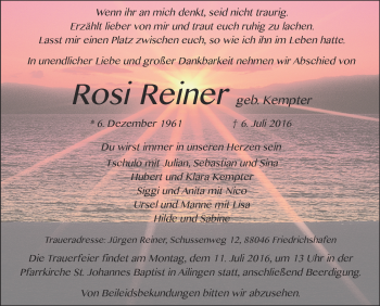 Anzeige von Rosi Reiner von Schwäbische Zeitung