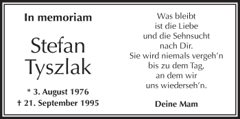 Anzeige von Stefan Tyszlak von Schwäbische Zeitung