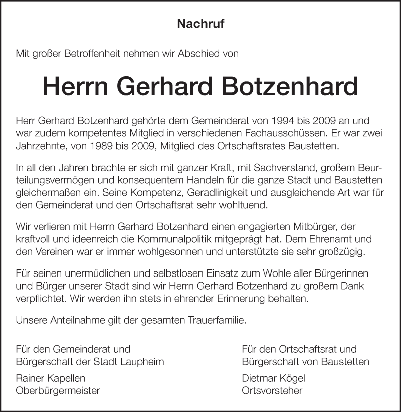  Traueranzeige für Gerhard Botzenhard vom 07.09.2016 aus Schwäbische Zeitung