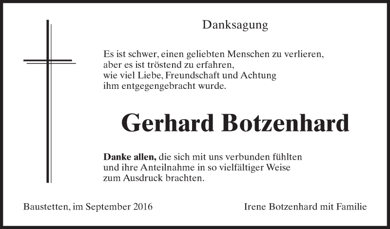  Traueranzeige für Gerhard Botzenhard vom 13.09.2016 aus Schwäbische Zeitung