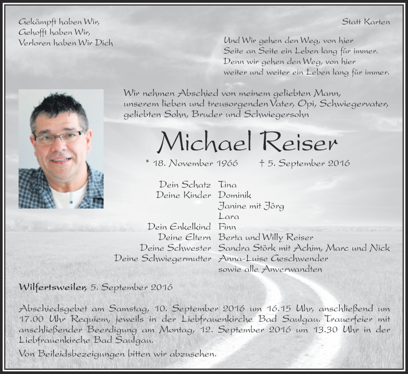  Traueranzeige für Michael Reiser vom 09.09.2016 aus Schwäbische Zeitung