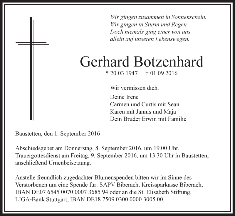  Traueranzeige für Gerhard Botzenhard vom 06.09.2016 aus Schwäbische Zeitung