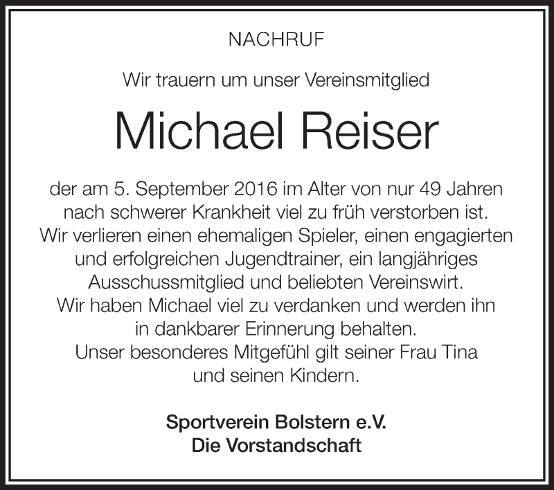  Traueranzeige für Michael Reiser vom 09.09.2016 aus Schwäbische Zeitung