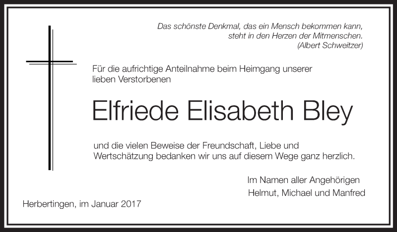  Traueranzeige für Elfriede Elisabeth Bley vom 12.01.2017 aus Schwäbische Zeitung