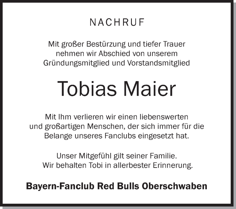  Traueranzeige für Tobias Maier vom 19.10.2017 aus Schwäbische Zeitung