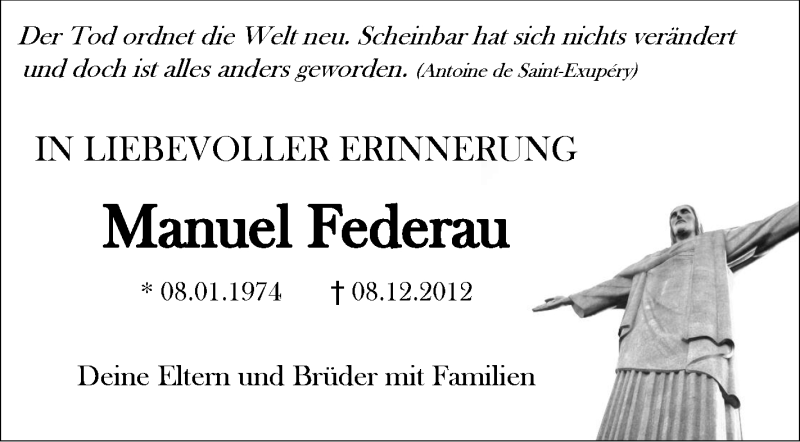  Traueranzeige für Manuel Federau vom 08.12.2017 aus Schwäbische Zeitung