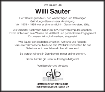 Anzeige von Willi Sauter von Schwäbische Zeitung