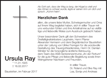 Anzeige von Ursula Ray von Schwäbische Zeitung