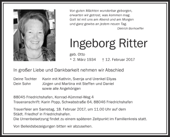 Anzeige von Ingeborg Ritter von Schwäbische Zeitung