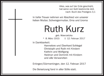 Anzeige von Ruth Kurz von Schwäbische Zeitung