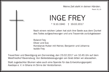 Anzeige von Inge Frey von Schwäbische Zeitung