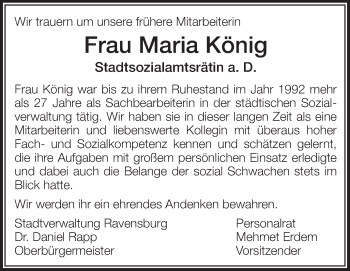 Anzeige von Maria König von Schwäbische Zeitung