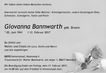 Anzeige von Giovanna Bannwarth von Schwäbische Zeitung