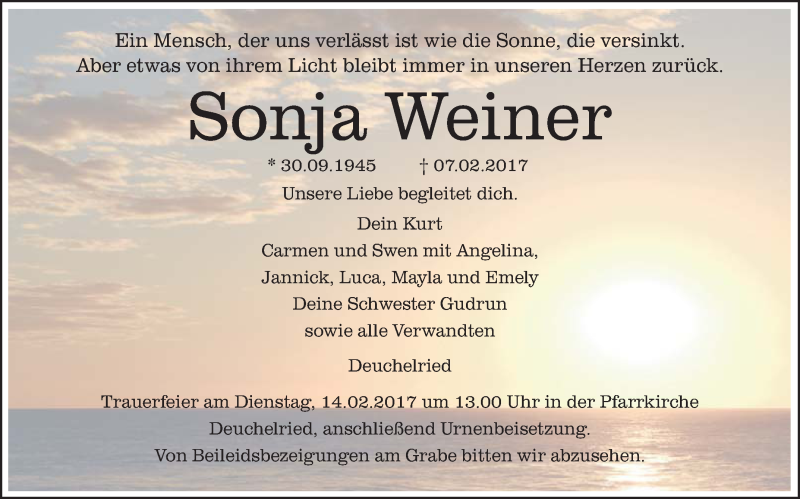  Traueranzeige für Sonja Weiner vom 13.02.2017 aus Schwäbische Zeitung