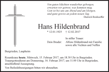 Anzeige von Hans Hildenbrand von Schwäbische Zeitung